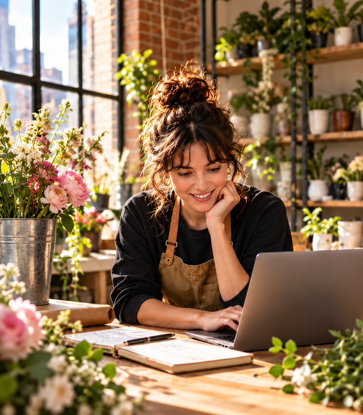 A florist reviews work on her laptop at a sunlit shop counter.