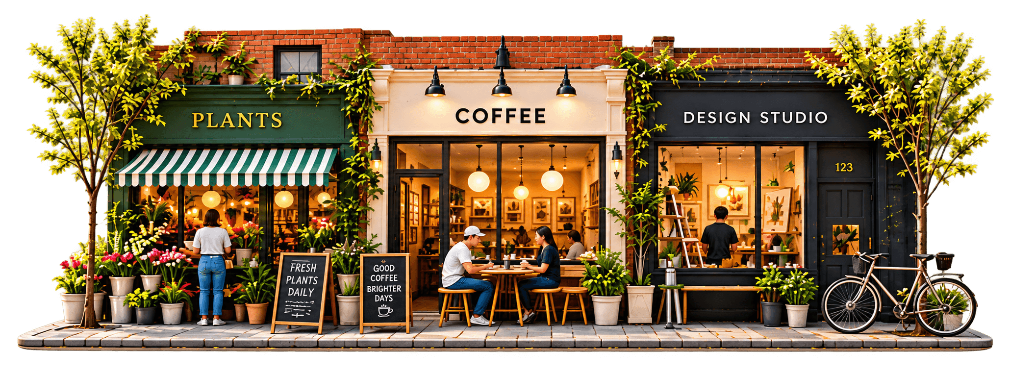 A plant shop, a coffee shop, and a design studio side by side on a New York street.