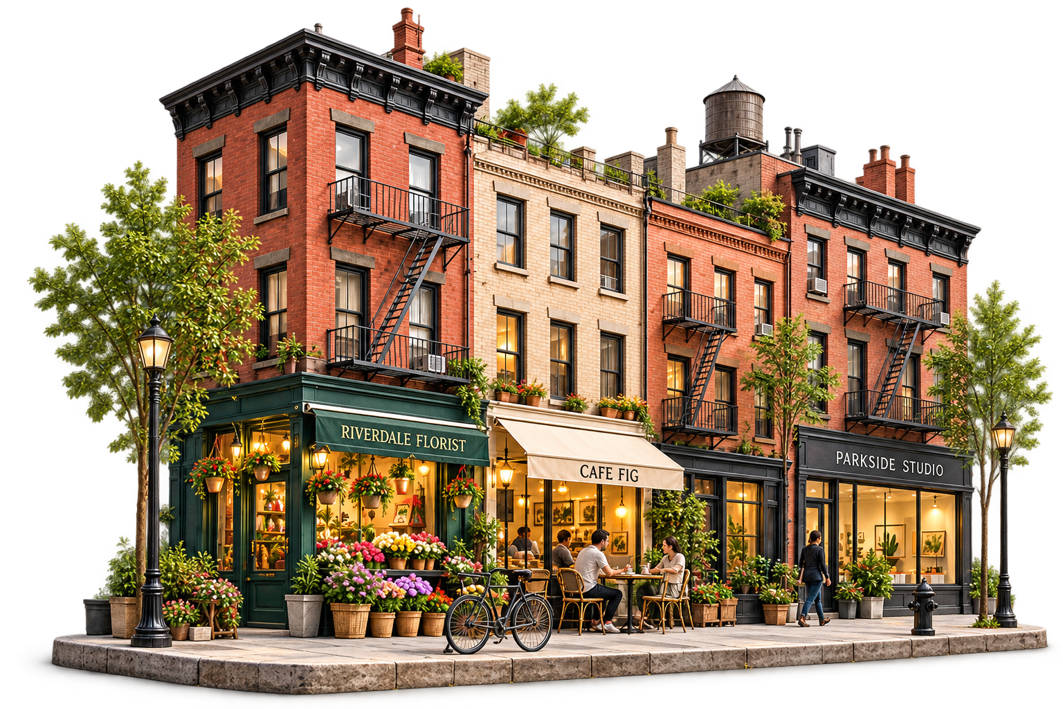 Illustrated New York storefronts: a florist, café, and studio.