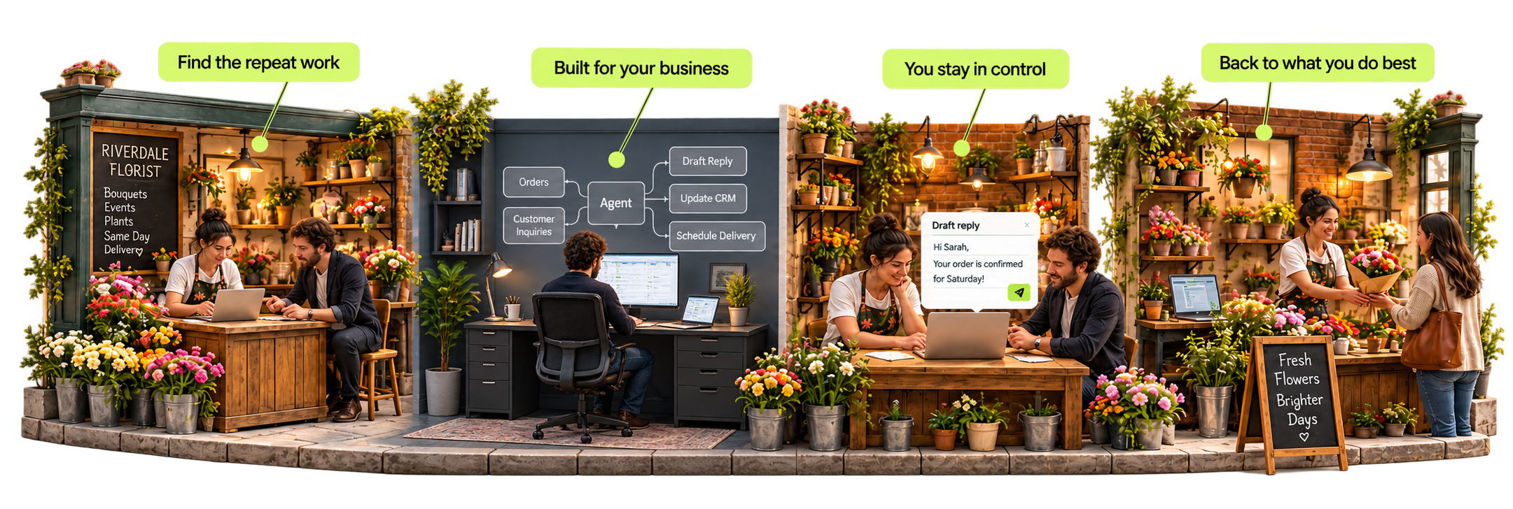 Four illustrated scenes: a florist and engineer identify repetitive work; the engineer builds an automation in a separate office; they review a draft together; the florist returns to helping a customer.