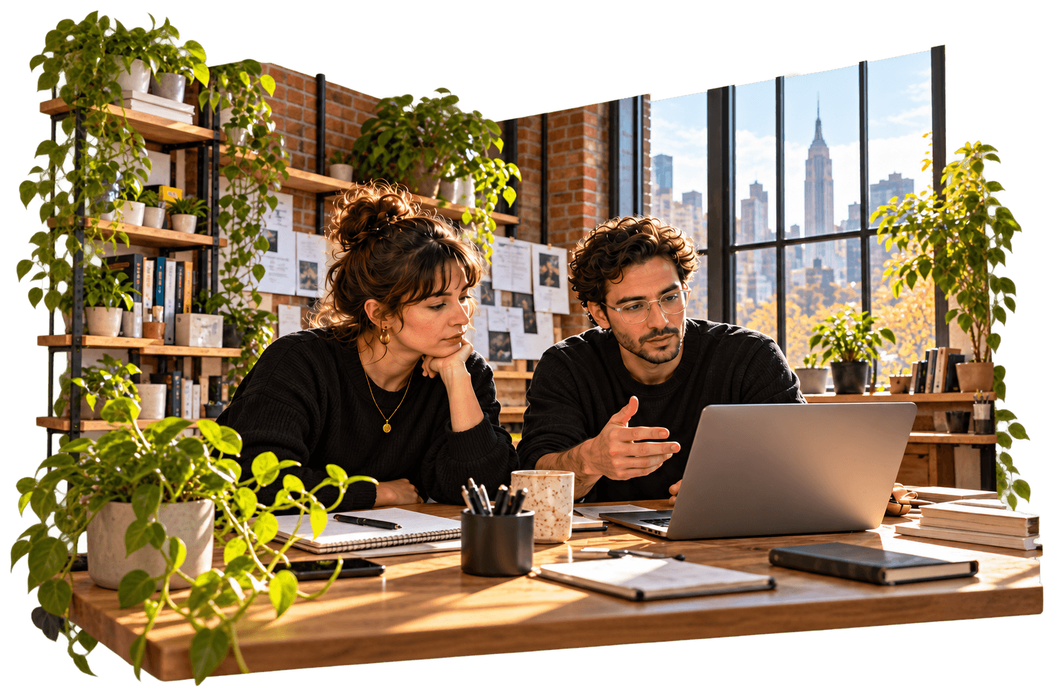 Two people talk through a task at a laptop in a sunlit New York studio.